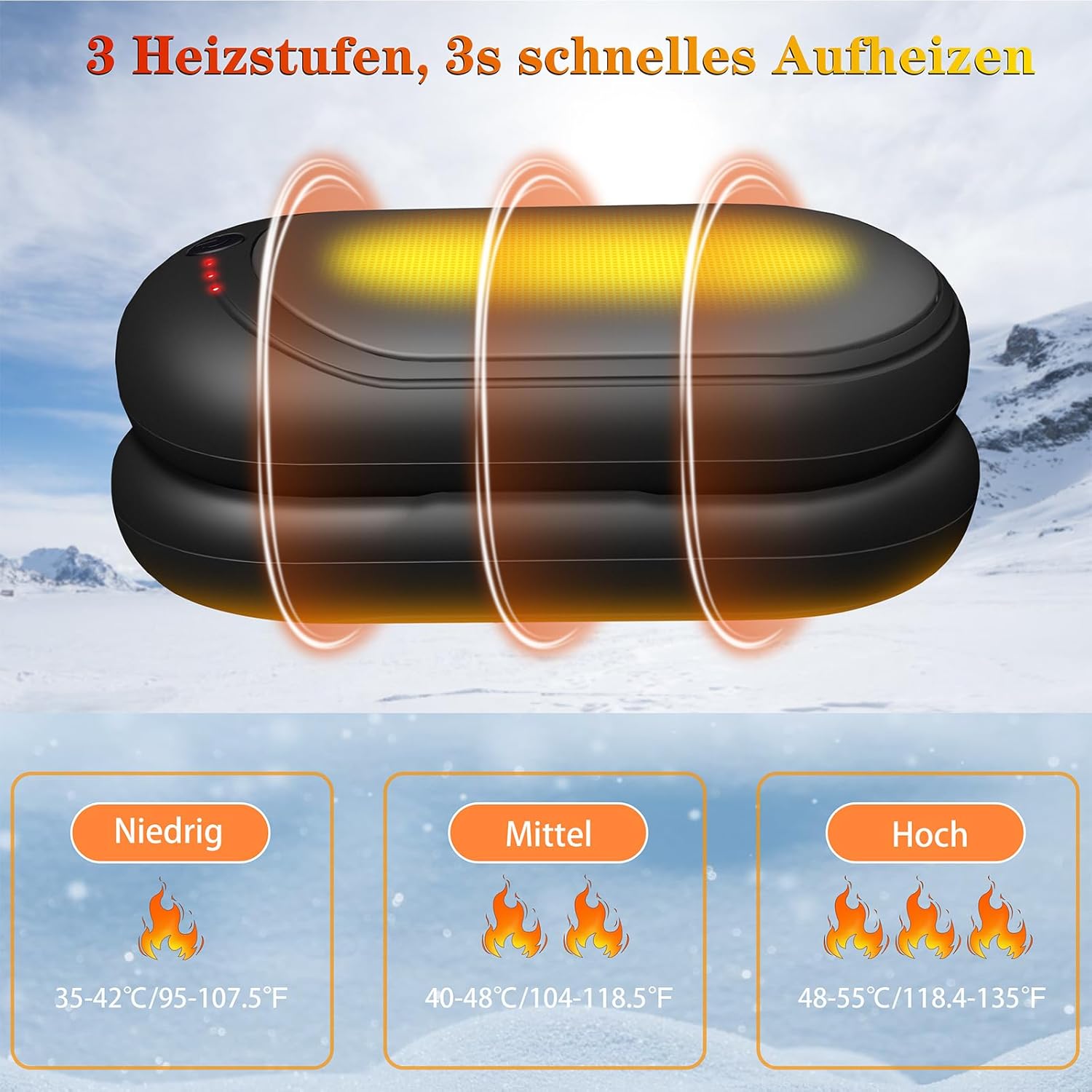 Elektrischer Handwärmer,Handwärmer Wiederaufladbar 2er Set mit 6000mAh,Taschenwärmer USB-Kabeln,3 Heizmodi,20 Stunden lang anhaltende Wärme,Aufladbare Taschenheizung für Outdoor im Winter – Bild 2