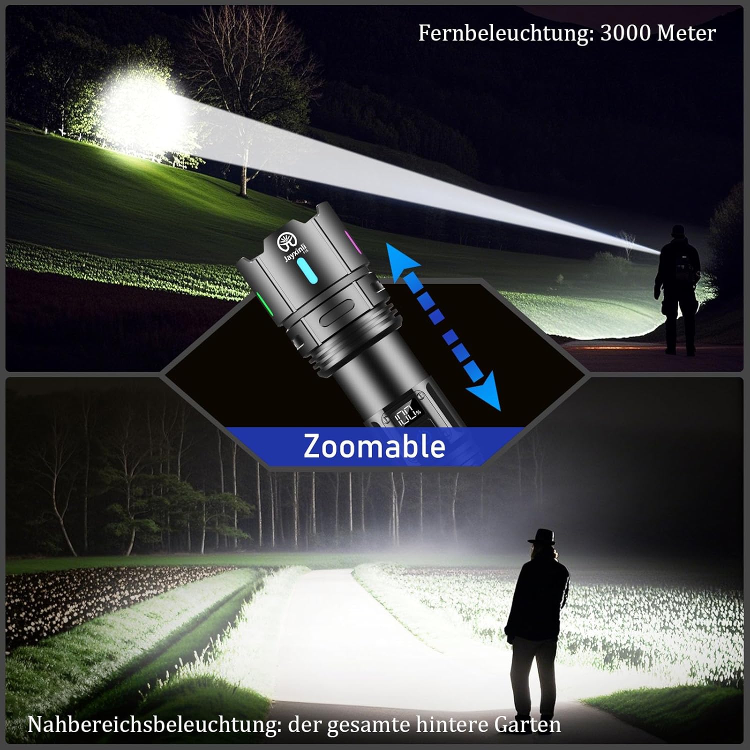 Jayxinli Taschenlampe LED wiederaufladbar 1000000 Lumen extrem hell | 5000 mAh LCD-Akkuanzeige, 5 Beleuchtungsmodi, zoombar, IP67 wasserdicht für Camping und Outdoor – Bild 3