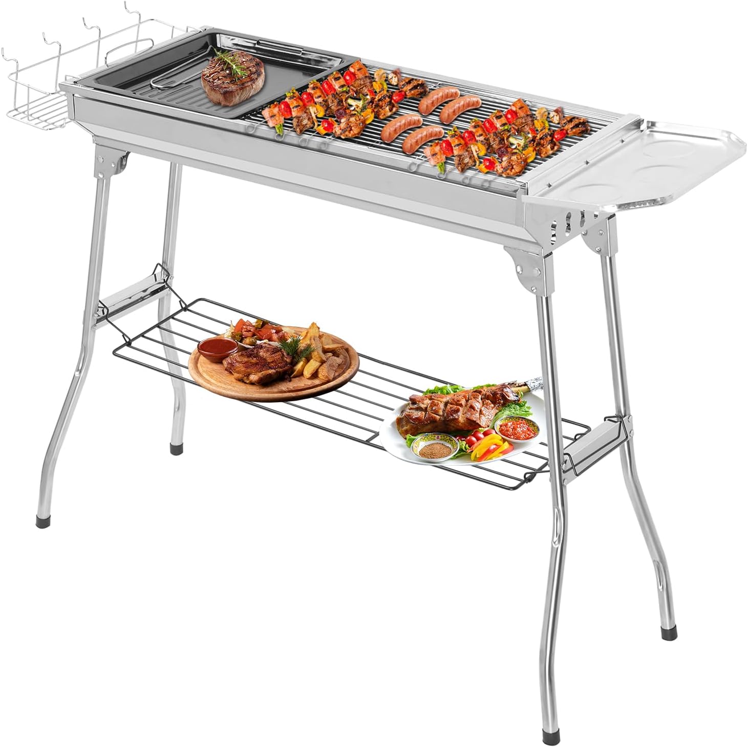 Holzkohlegrill, Campinggrill, Klappgrill aus Edelstahl, 100 x 31 x 71 cm (XXL), tragbare Grills, komplettes Zubehör, Outdoor, Terrasse, Camping, Grillparty, für 5-10 Personen – Bild 5