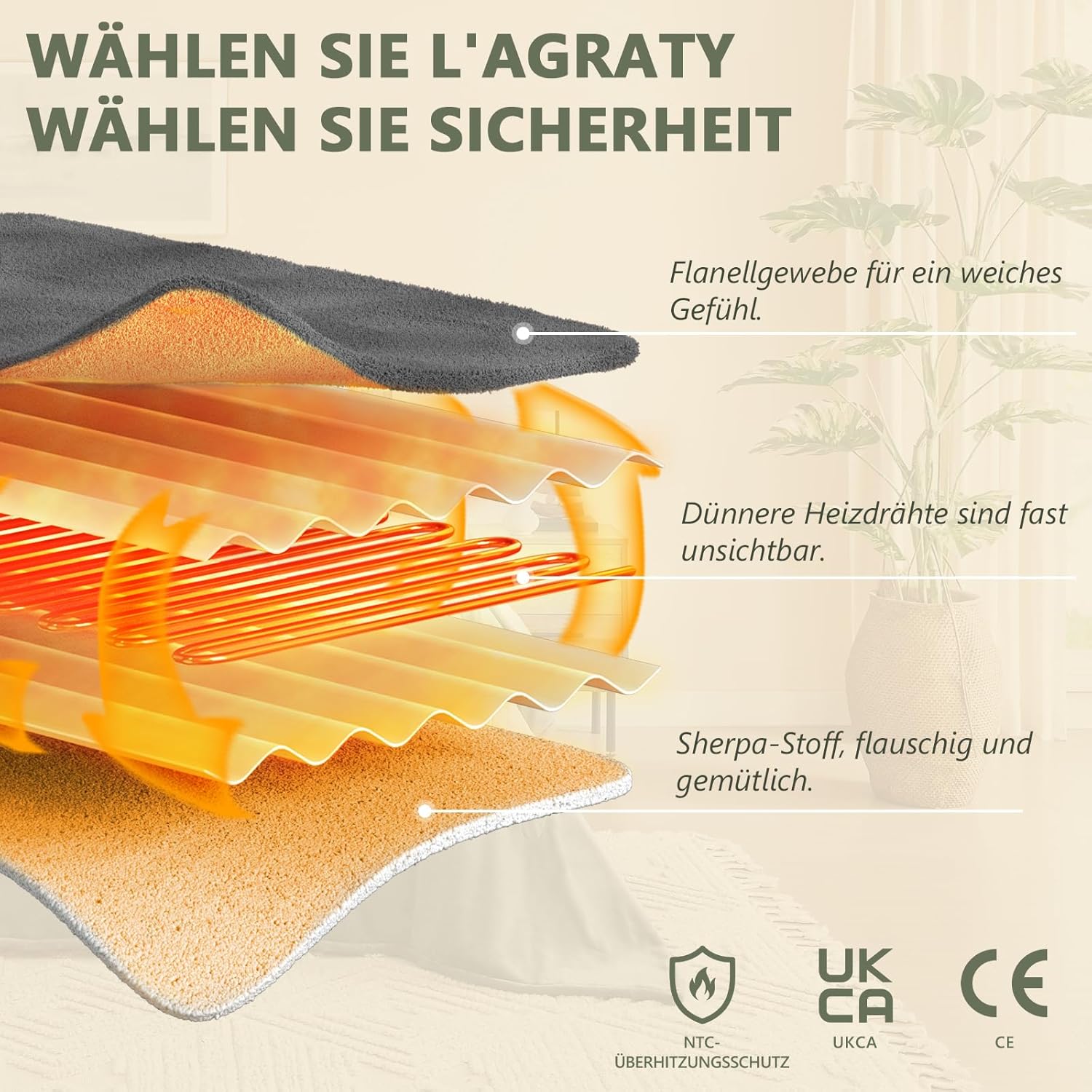 L'AGRATY Heizdecke, 180 x 130 cm, Wärme-Heizdecke mit automatischer Abschaltung, 6 Heizstufen, 10-Stunden-Timer, elektrische Heizdecke mit Überhitzungsschutz, maschinenwaschbar (grau) – Bild 2