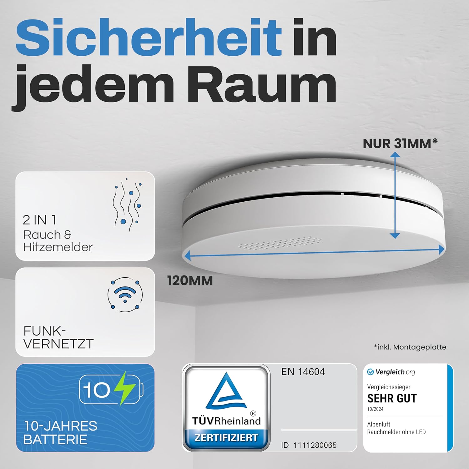 ALPENLUFT Rauchmelder, kabellos, vernetzt, 10-Jahres-Batterie, Rauchmelder & Wärmemelder 2-in-1, Brandmelder, Brandmelder, Funk-Rauchmelder, vernetzbar, ohne Bohren, ohne LED-Blinken, 3er-Set – Bild 3