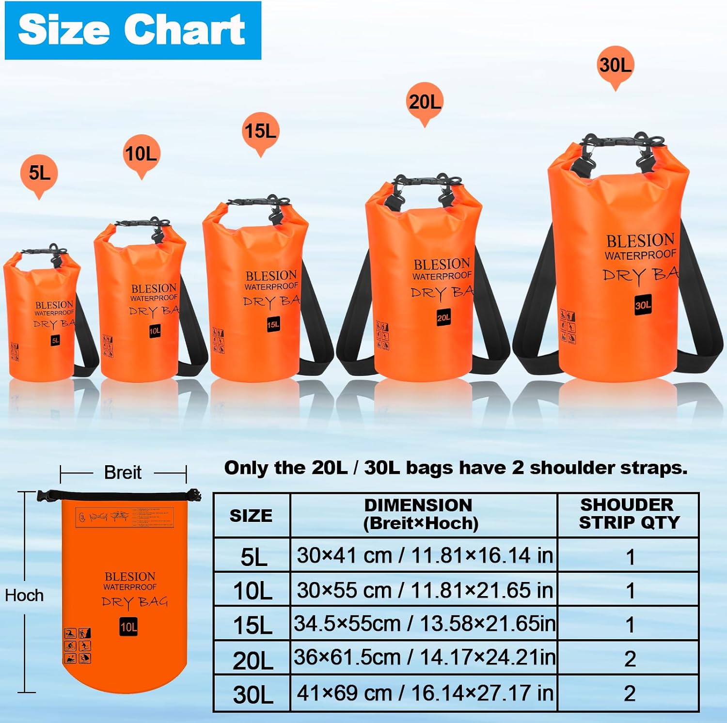 BLESION Trockentasche, 5 l/10 l/15 l/20 l/30 l, wasserdichte Tasche, verstellbarer Schultergurt, wasserdichter Rucksack für Kajakfahren, Angeln, Schwimmen, Wandern, Reisen – Bild 4