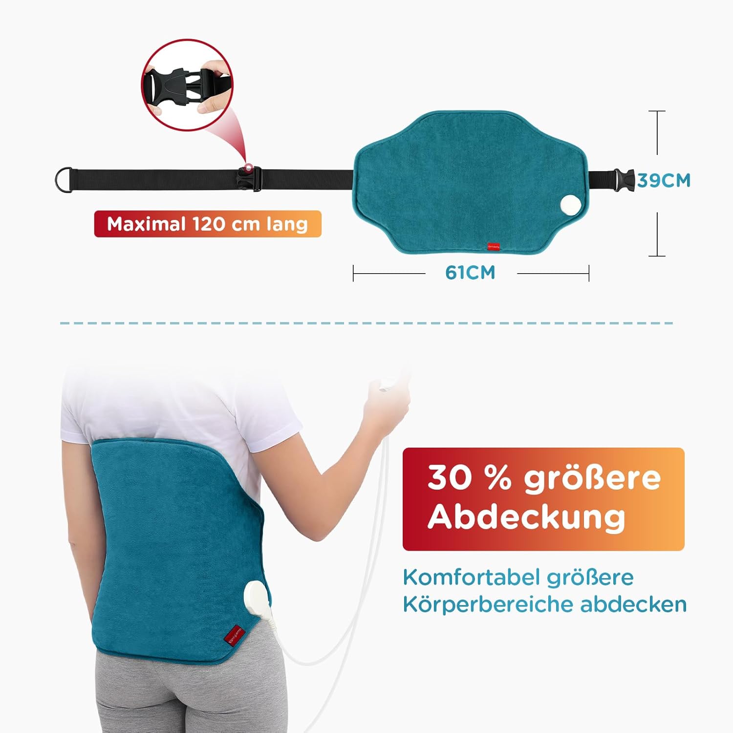 Comfytemp großes Heizkissen für den Rücken mit 9 Heizstufen, 0,5-9h, automatische Abschaltung, 39 x 61 cm, elektrischer Rückenwärmer, Wärmegürtel, Wärmekissen, maschinenwaschbar (max. Taillenumfang: 120 cm) – Bild 3