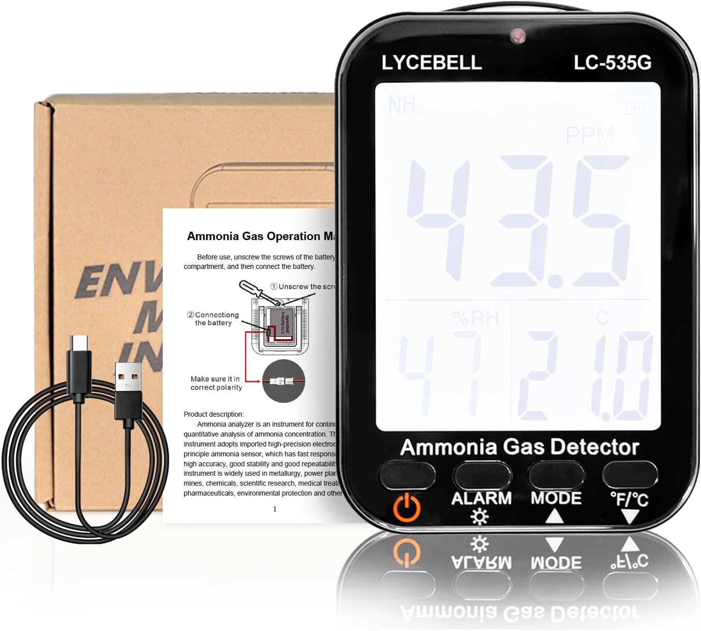 535G Ammoniak-Gasdetektor, NH3-Monitor 0–100 ppm mit Doppelalarm, wiederaufladbarer tragbarer Gasleckdetektor für Bauernhof/Industrie/Zuhause, Temperatur- und Luftfeuchtigkeitsanzeige – Bild 9