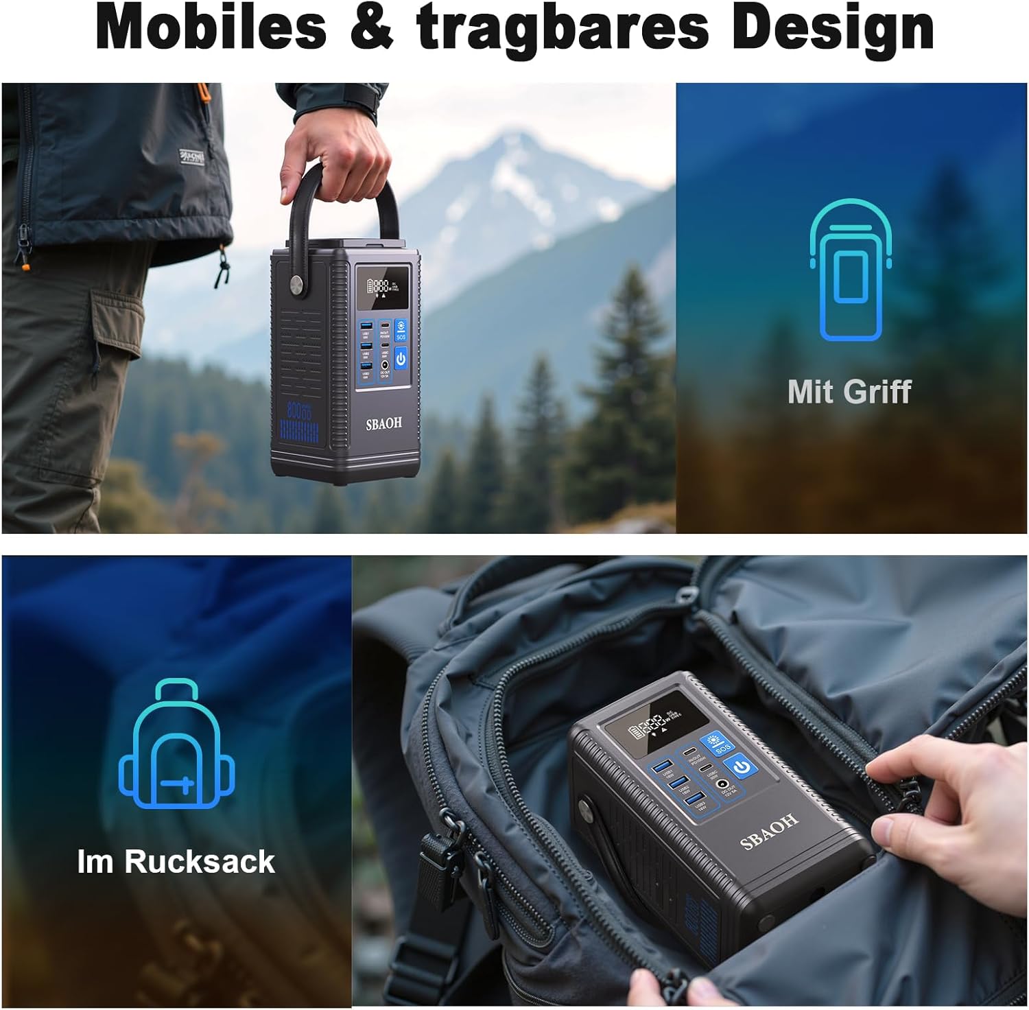 Powerbank Powerstation PD100W, SBAOH 296Wh Akku für mehrere Geräte, Solargenerator für Camping, Outdoor, Reisen, Notfälle (Netzteil nicht im Lieferumfang enthalten) – Bild 4