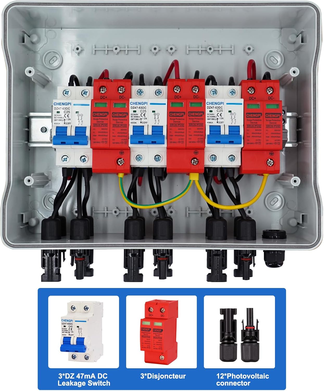 Überspannungsschutz PV DC Trennschalter Blitzschutz Leistungsschalter DC 3 String 500V 25A Solarspannungsschutz IP65 Wasserdichte Solaranschlussbox für Photovoltaik (3 in 3 out) – Bild 3