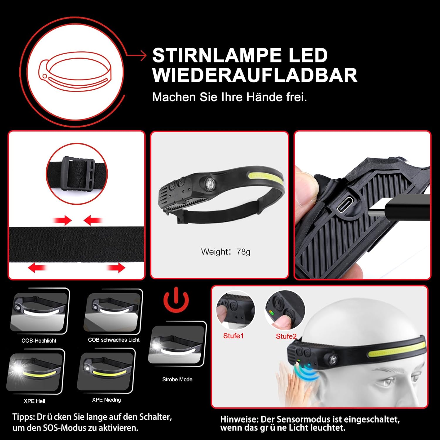 Taschenlampe LED wiederaufladbar, 1.000.000 LM – 50 W, 2-Schalter-LED-Taschenlampe, extrem hell, 1600 m Weitschuss, starke taktische Taschenlampe, stufenlos dimmbar, mit Stirnlampe für Notfälle im Freien – Bild 6