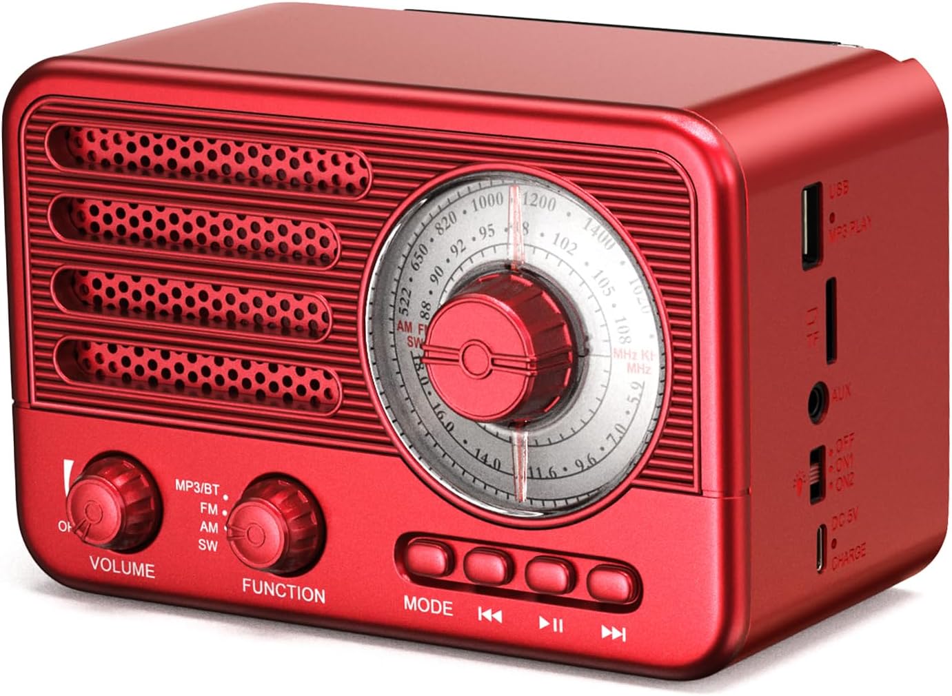 Retro-Transistorradio, batteriebetriebenes AM-FM-SW-Radio, kleiner wiederaufladbarer tragbarer MP3-Player mit Unterstützung für TF-Karte/Aux/USB (rot)