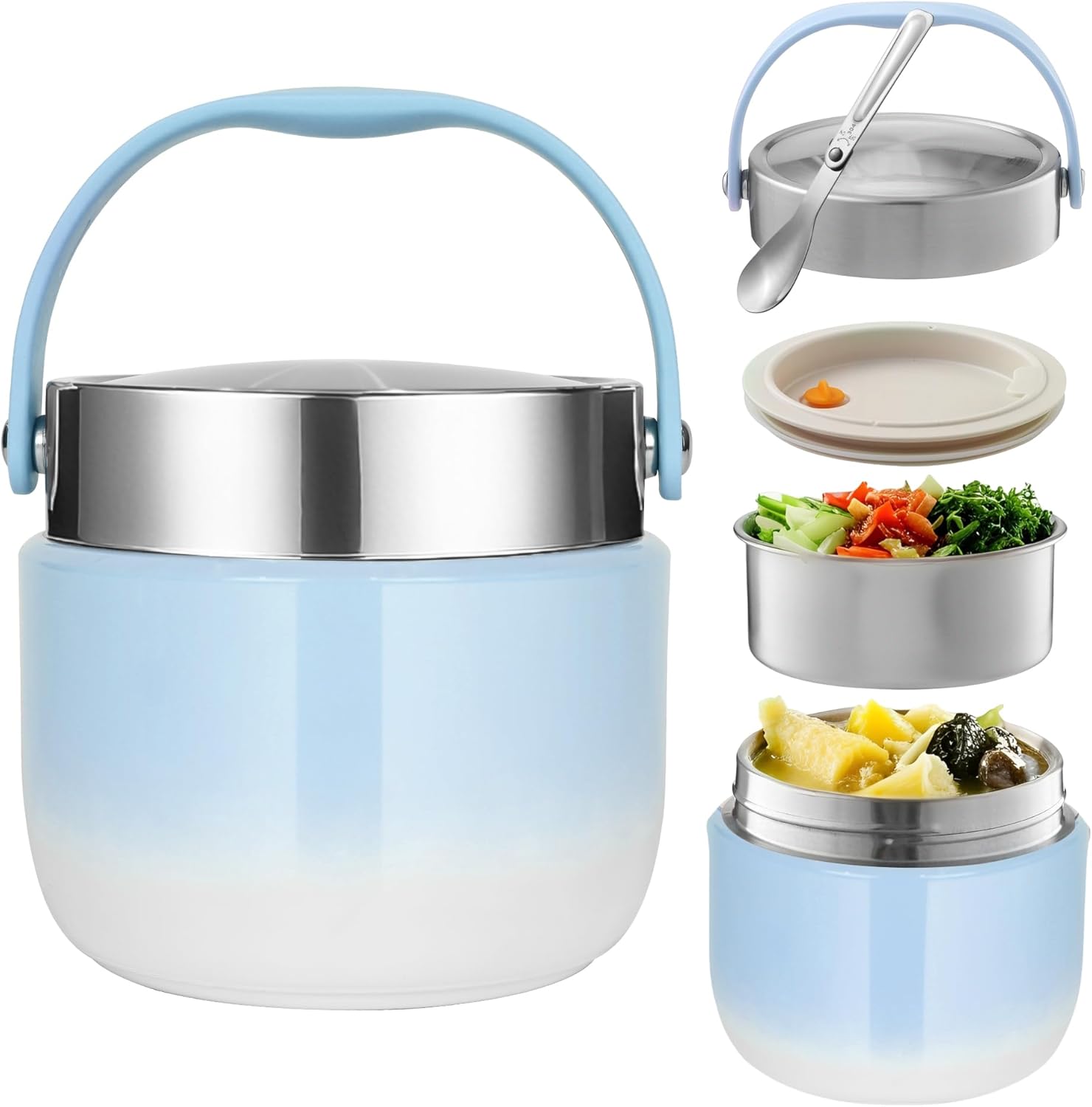 Thermo-Lebensmittelbehälter 1200 ml Fassungsvermögen Warmhaltebehälter Essen Thermoschüssel mit Deckel, Thermo-Brotdose zur Aufbewahrung von Mittagessen, Suppen, Brei (Blau)