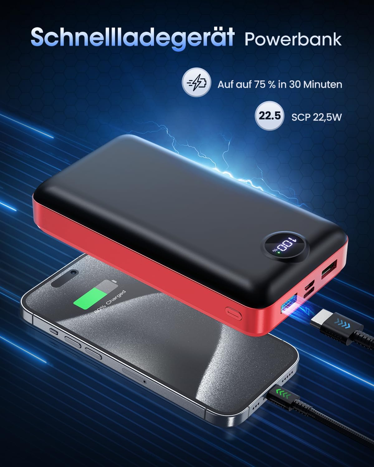 PowerBank 50.000 mAh, große Kapazität, 22,5 W, schnelles Aufladen, externer Akku, USB-C, 3 Ausgänge und 2 Eingänge, LED-Anzeige, Powerbank, kompatibel mit Smartphone, Tablet, Android usw. Rot – Bild 6