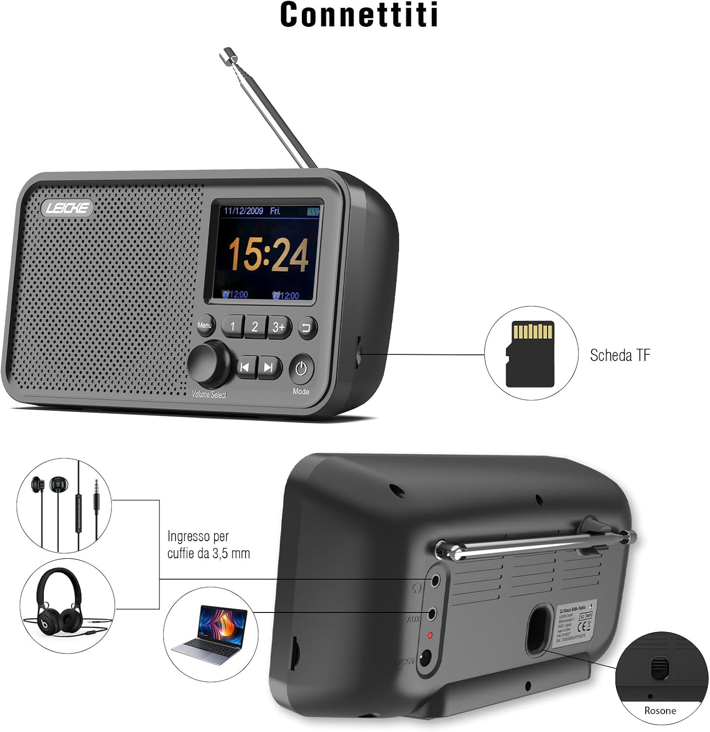 LEICKE Tragbares DAB+ Radio mit Bluetooth 5.0, DAB/DAB+ und UKW-Radio, 2,4 Zoll Farbdisplay, 80 Senderspeicher, Küchenradio mit Adapter oder 4000 mAh Batteriebetrieb, MicroSD/TF/AUX-Anschluss – Bild 7