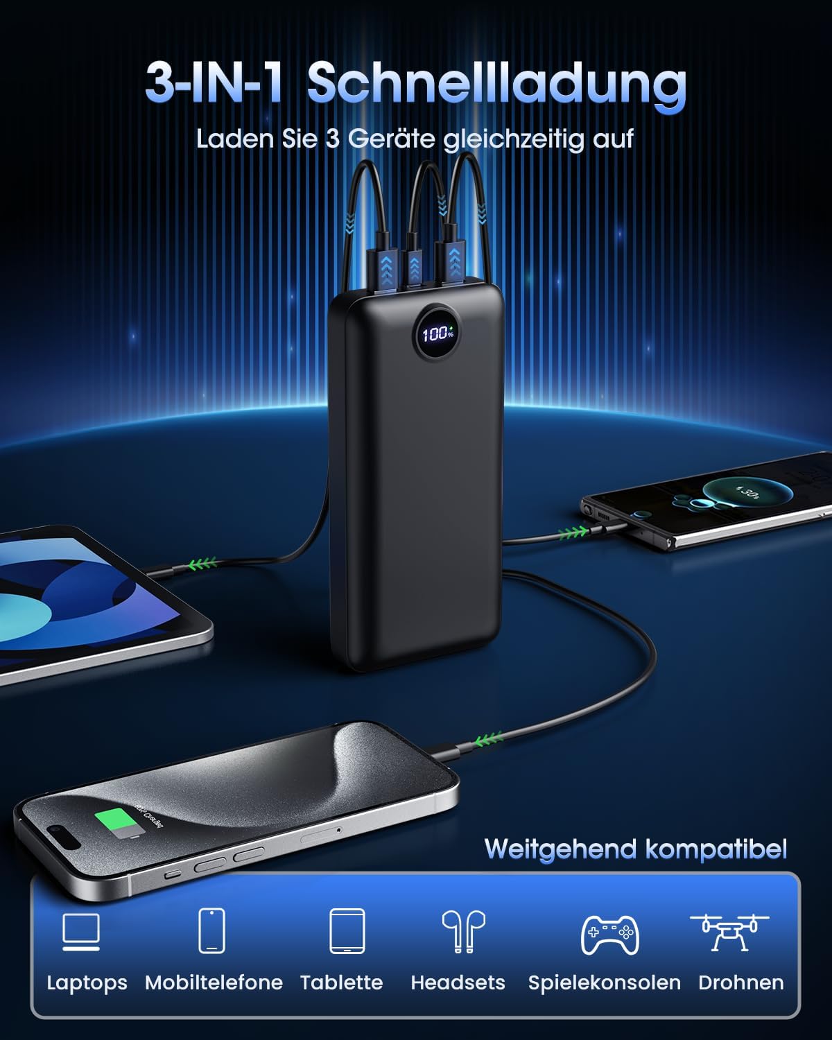 PowerBank 50.000 mAh, große Kapazität, 3-in-1-Ladekabel, 22,5 W, externer Schnellladeakku, USB-C 3 Ausgänge und 2 Eingänge, LED-Anzeige, Powerbank, kompatibel mit iPad, iPhone, Android usw. Schwarz – Bild 8