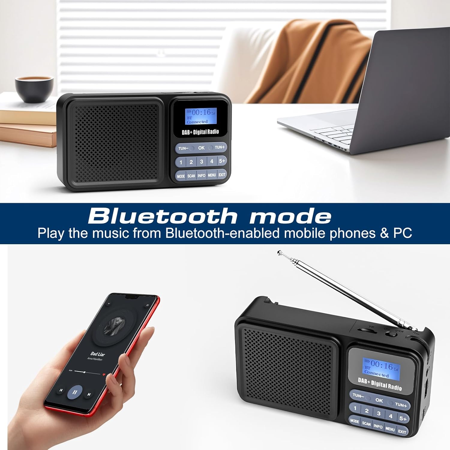Gallypek Tragbares DAB-Radio, DAB Plus UKW-Radio mit Bluetooth 5.0 und 80 Voreinstellungen, Küchenradio mit Kabel- oder 2200-mAh-Batteriebetrieb, unterstützt Solar- und USB-Aufladung, USB-Flash-Laufwerk/TF/AUX-Verbindung – Bild 3