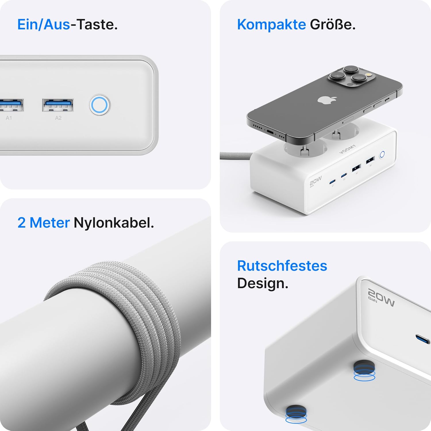 Voomy Mehrfachsteckdose mit 20W USB-Anschlüssen, Überspannungsschutz, Überlast- & Kurzschlussschutz, Sicherheitsverschluss, 2 Meter (weiß) – Bild 6