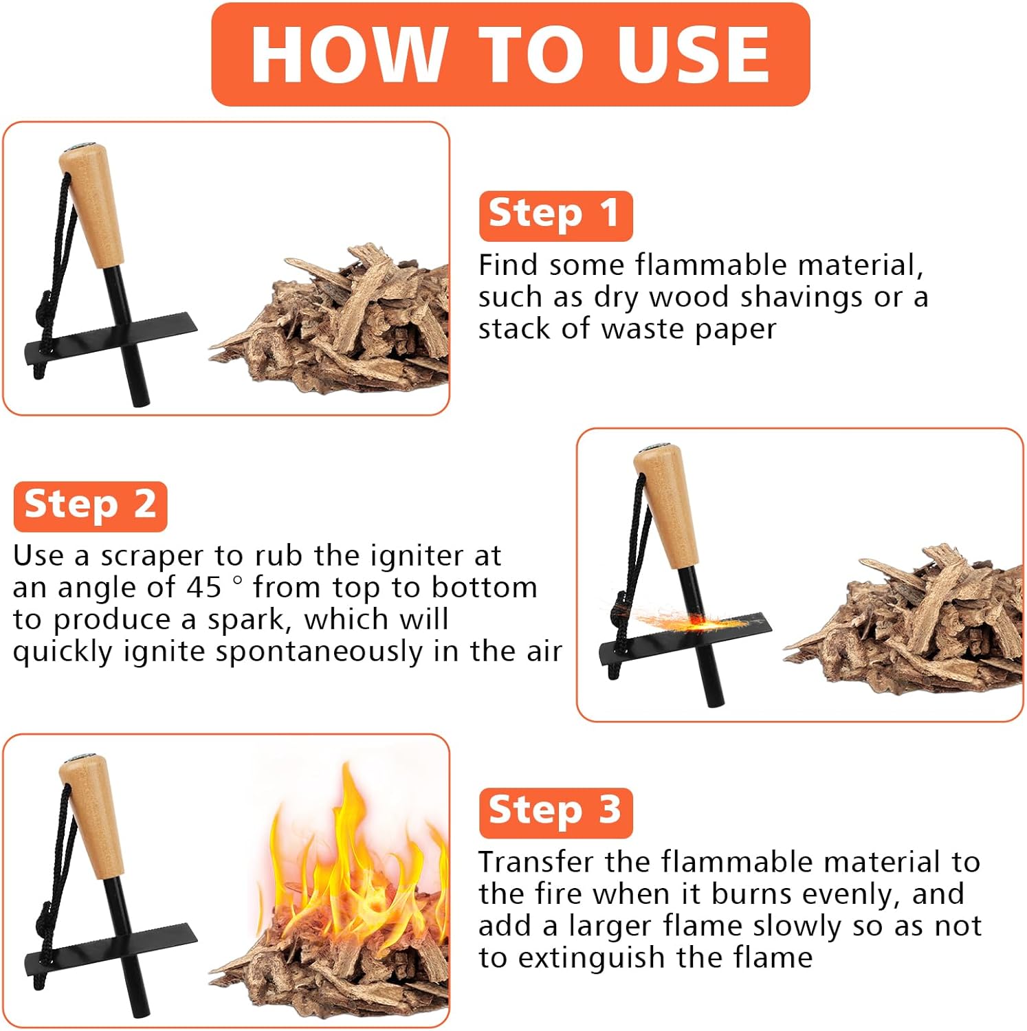 Outdoor-Feuerstahl-Überlebensfeuerstein mit Holzgriff und Kompass, 2 Stück | Magnesium Feueranzünder Survival Set, Feueranzünder aus Feuersteinstahl, Survival Kit für Bushcraft, Camping, Wandern, Lagerfeuer – Bild 4