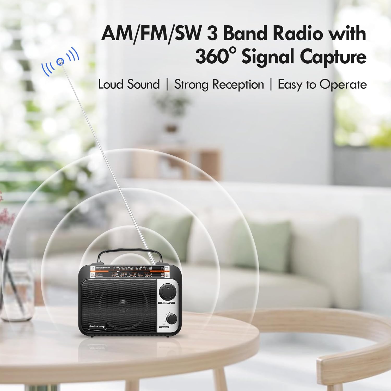 UKW FM/AM/SW1-2 Radio Tragbare Radios Weltempfängerradio mit 1800 mAh wiederaufladbarem Akku, AC-Kabel oder Batteriebetrieb, Multiband-Kurzwellenradio AUX/Kopfhöreranschluss Schwarz – Bild 2