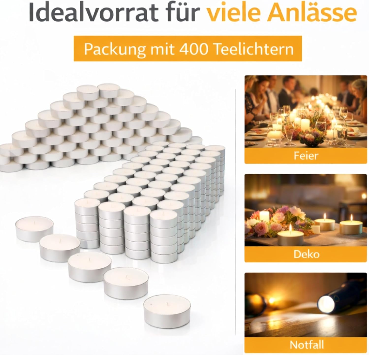 400 Teelichter – 4 Stunden Brenndauer – rußarm und gleichmäßig – ideal für Dekoration, Feiern und Notversorgung – weiße Qualitäts-Teelichter im Vorratspack – Bild 3