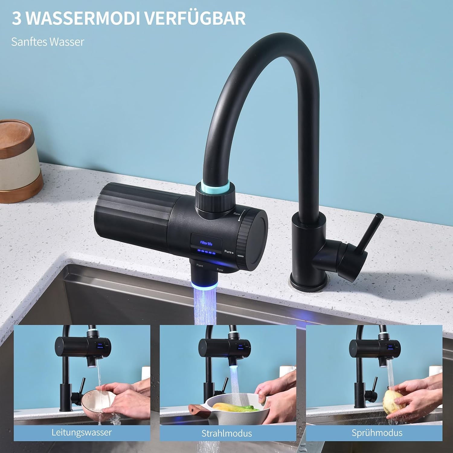 HOMELODY Wasserfilter, Trinkwasser für die Küche, entfernt Chlor, Schwermetalle und Kalk, verbessert den Geschmack, 12 x Adapter, blaues Licht und 1 Filter im Lieferumfang enthalten, Wasserfilterhahn 3.0 mit LED-Anzeige – Bild 6