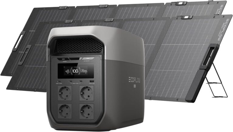 ECOFLOW Delta 3 Max Tragbares Kraftwerk 2.048 Wh mit 2 x 220 W bifazialen Solarmodulen, 2 400 W X-Boost-Ausgang, 500 W Solareingang, LiFePO4-Batterie, Solargenerator für Zuhause, Wohnmobil, Outdoor