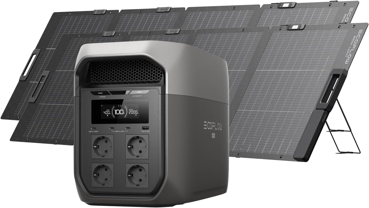 ECOFLOW Delta 3 Max Tragbares Kraftwerk 2.048 Wh mit 2 x 220 W bifazialen Solarmodulen, 2 400 W X-Boost-Ausgang, 500 W Solareingang, LiFePO4-Batterie, Solargenerator für Zuhause, Wohnmobil, Outdoor