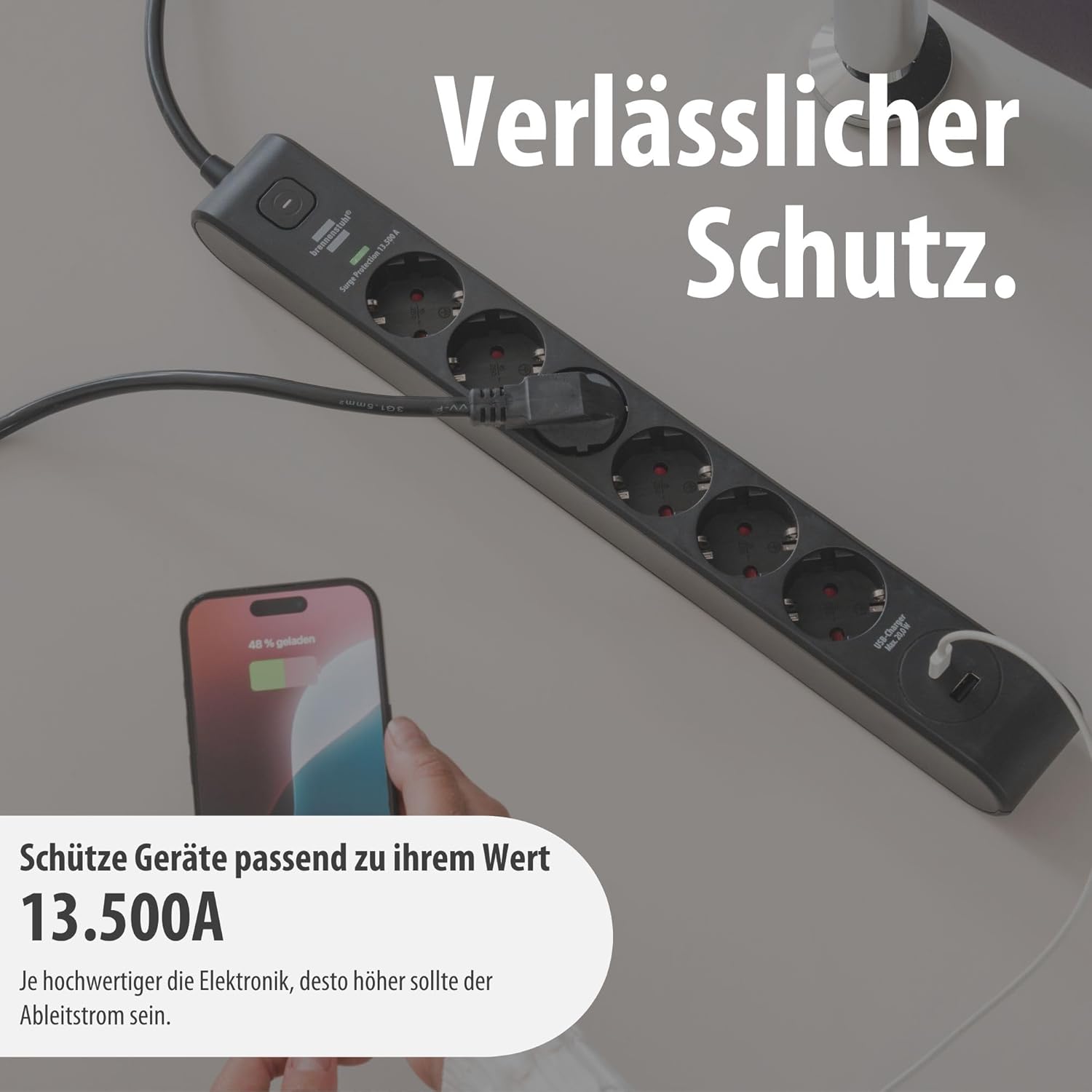 Brennenstuhl 6-fach Steckdosenleiste mit USB und Überspannungsschutz | Mehrfachsteckdose mit 1 x USB C PD 20 W zum Schnellladen und 1 x USB A 20 W, Schalter, 2 m Kabel, schwarz – Bild 6