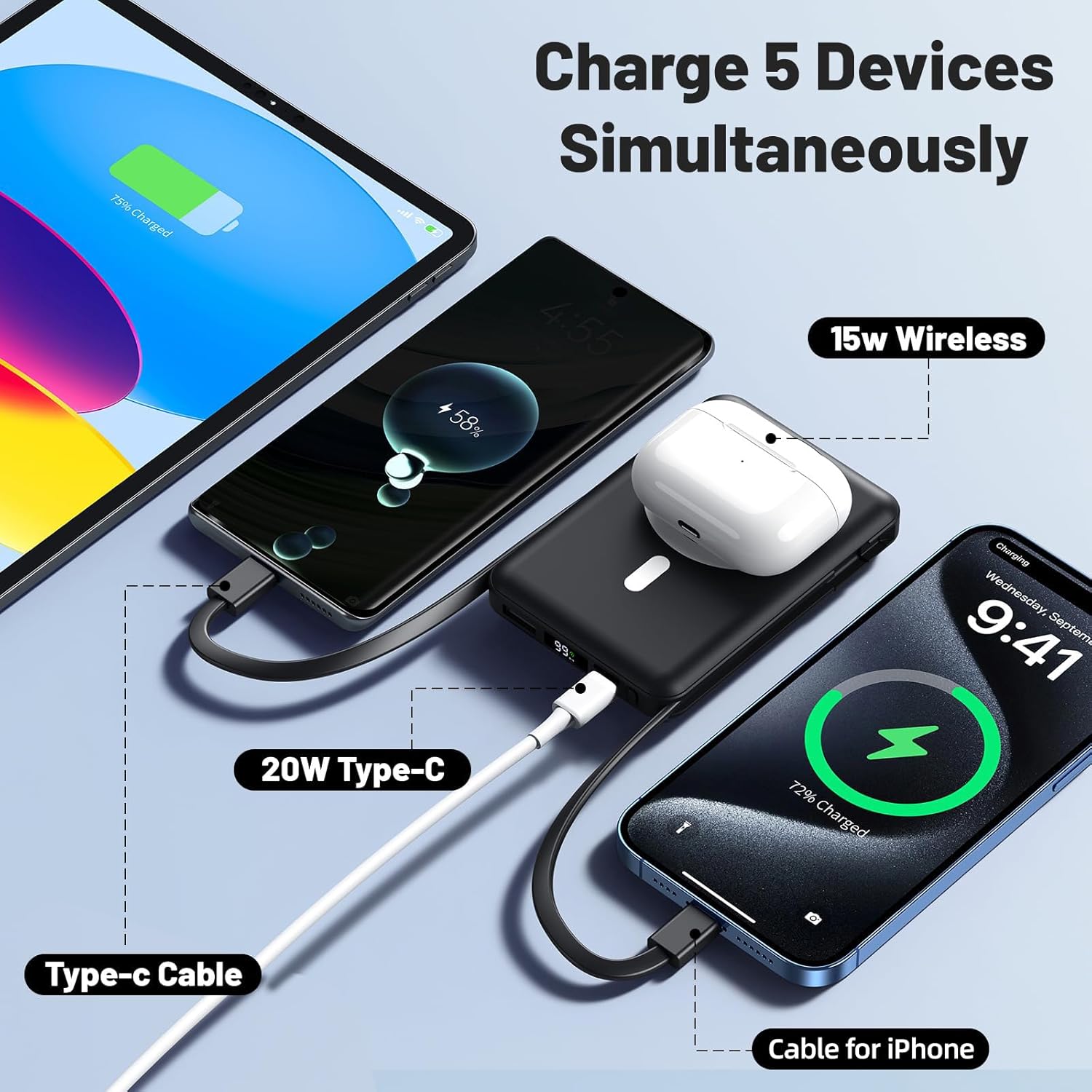 Azmuth Powerbank, für Magsafe Powerbank iPhone 10000 mAh, magnetische Powerbank, kabelloses Schnellladen mit LED-Anzeige, tragbares Ladegerät, Akkupack für iPhone 17/16/15/14/13/12/Pro/Pro Max – Bild 4