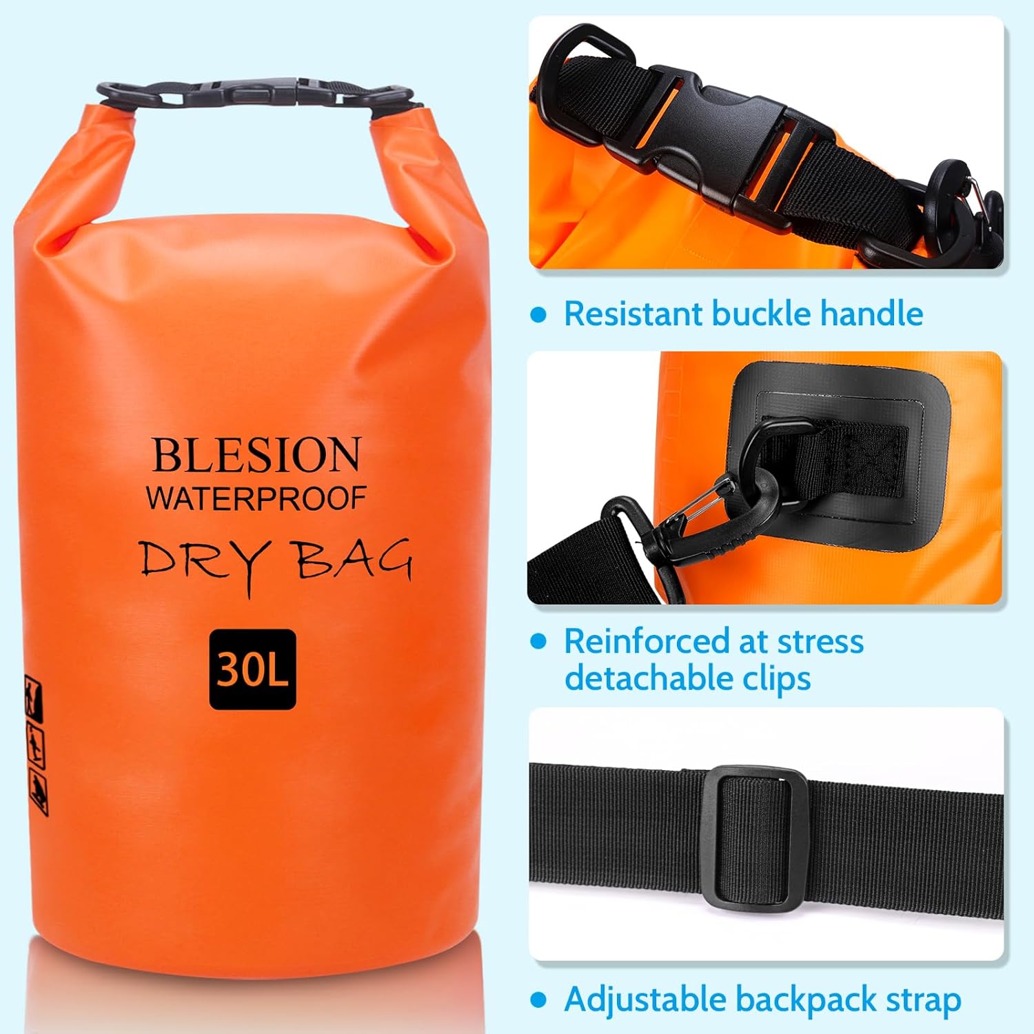 BLESION Trockentasche, 5 l/10 l/15 l/20 l/30 l, wasserdichte Tasche, verstellbarer Schultergurt, wasserdichter Rucksack für Kajakfahren, Angeln, Schwimmen, Wandern, Reisen – Bild 2