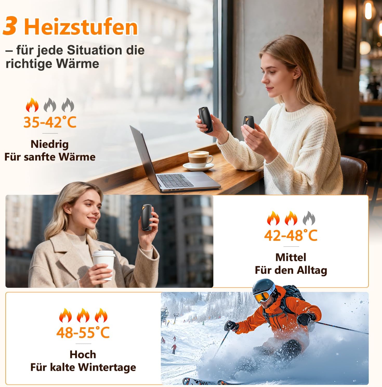 Lepwings Handwärmer Elektrisch 2er-Pack mit Ladecase, 14.000 mAh, Wiederverwendbarer Taschenwärmer, Beidseitige Heizfunktion, 3 Heizmodi, USB-Aufladbar, Ideal für Outdoor im Winter – Bild 3
