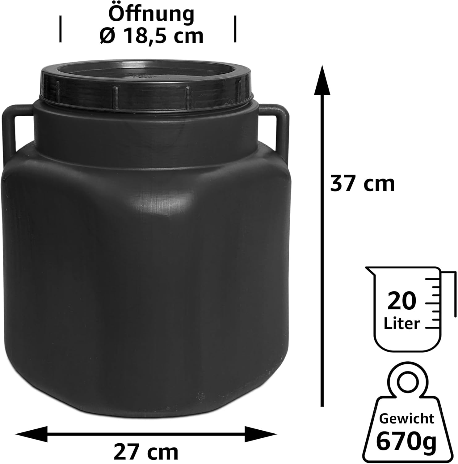 plasteo Weithalsfass 20 Liter mit Deckel - eckig schwarz, HDPE lebensmittelecht BPA-frei, 20 L Eimer Kunststofffass Futtertonne Lagertonne Universalfass – Bild 2