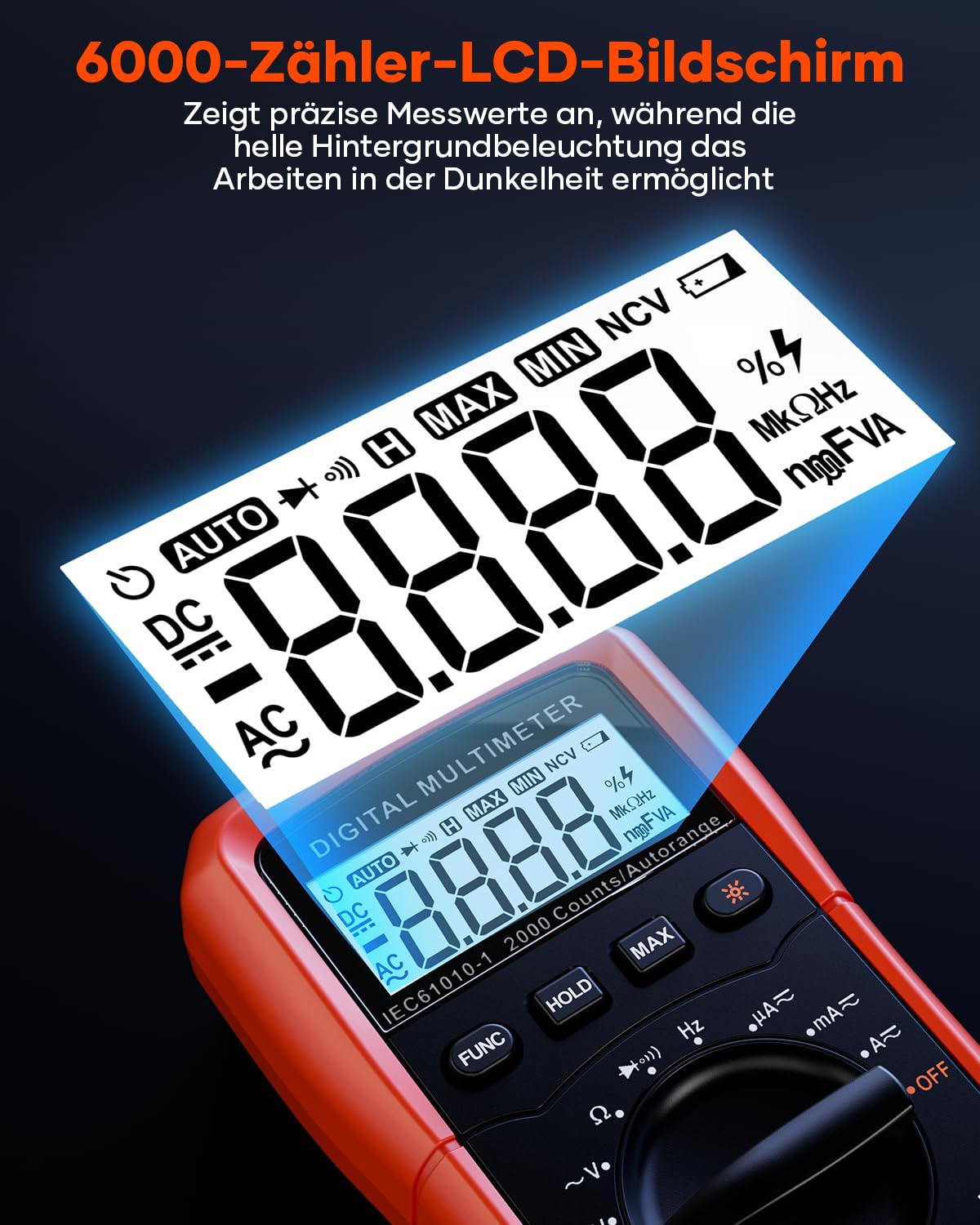 Crenova MS8233D Digital-Multimeter, Spannungsprüfer, Strommessgerät, Voltmeter, Messgerätetester, NCV mit 6000 Count LCD-Display, Hintergrundbeleuchtung – Bild 4