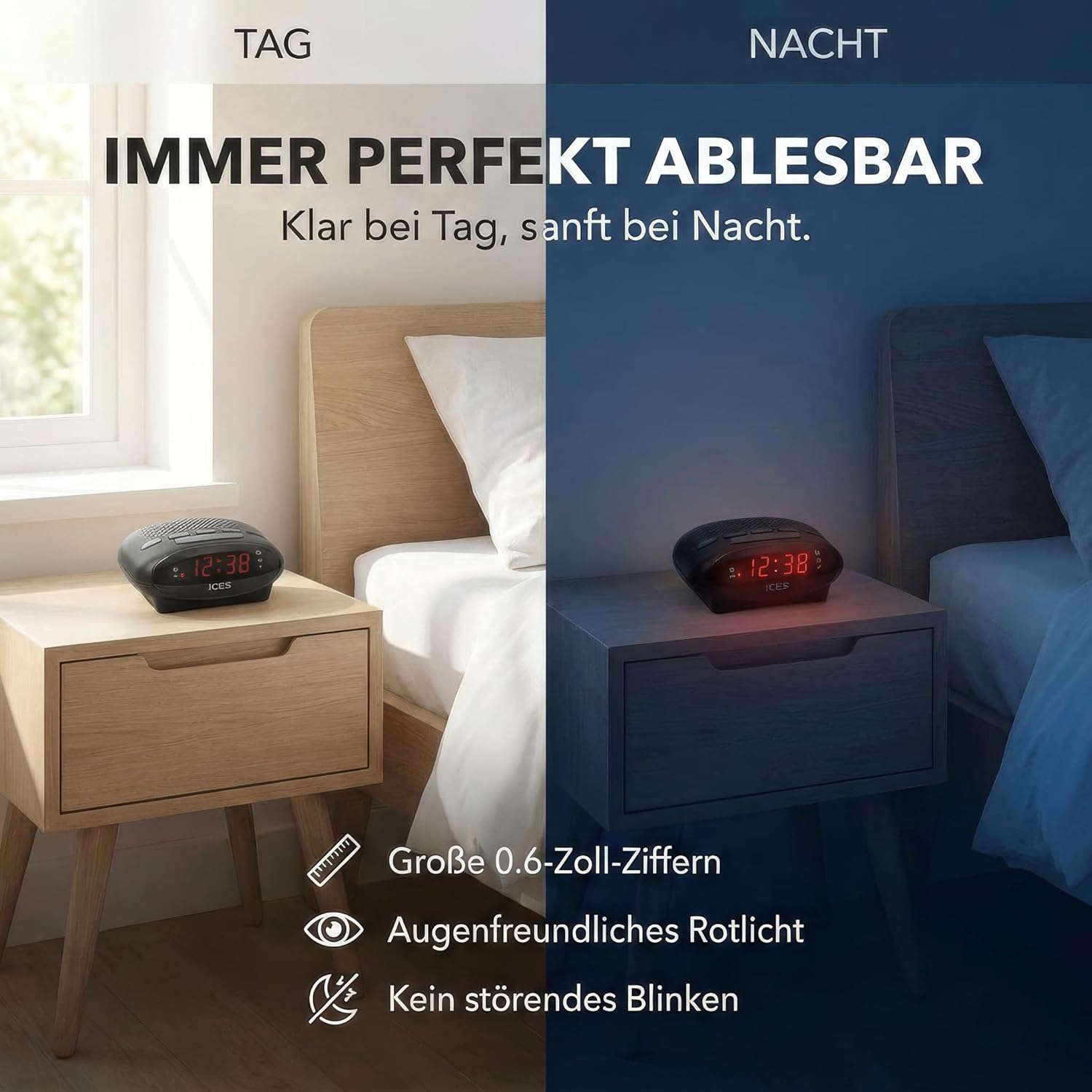 iCES ICR-210 Uhrenradio (2X Weckzeiten, Schlummerfunktion, Sleep-Timer) schwarz | ICR-210 – PLL FM – Schlummerfunktion – Sleep-Timer – Gangreserve – kompakt – Schwarz – Bild 4