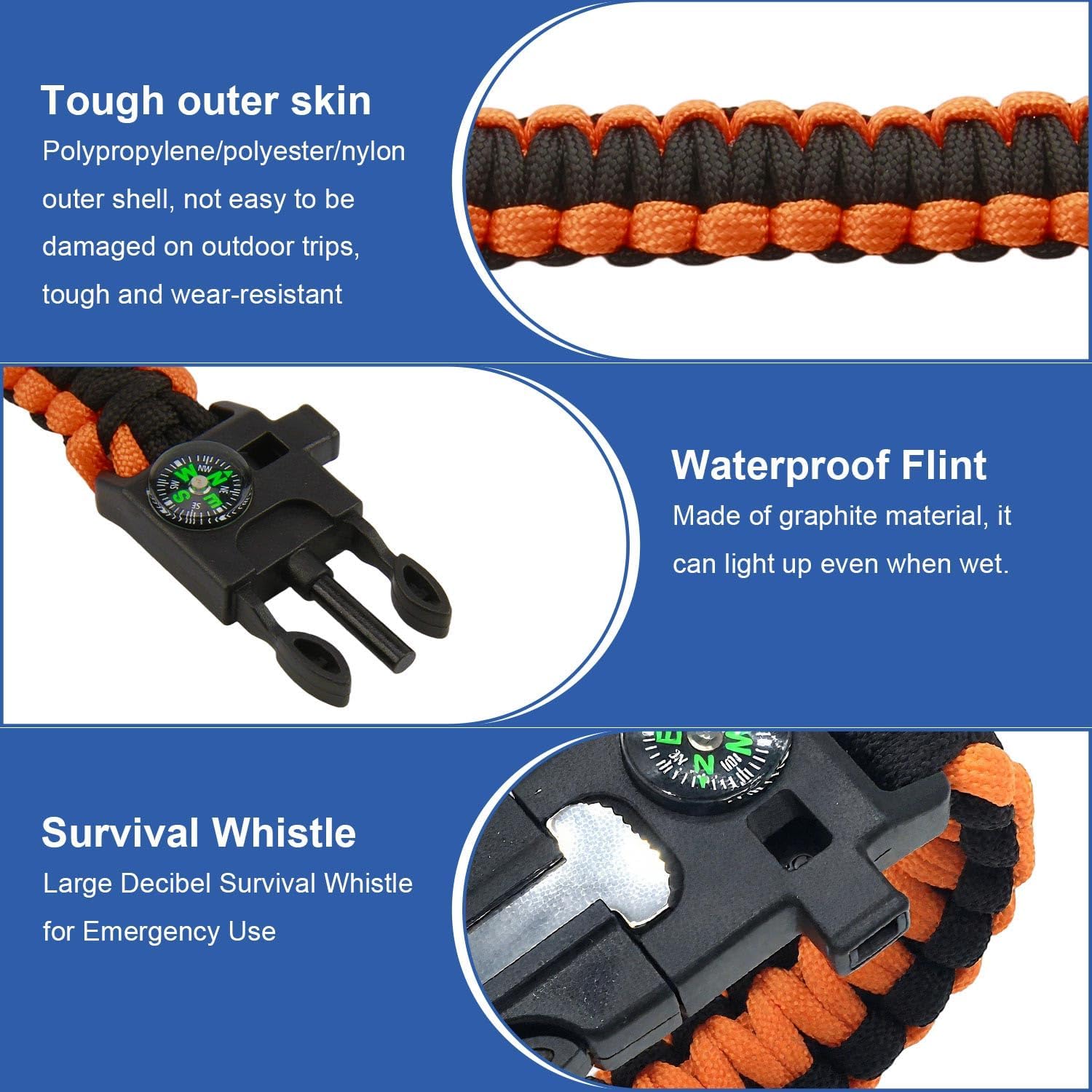 Survival-Armband mit Kompass und Feuerstarter, 3,6 m Regenschirmseil für den Außenbereich | Notfallmesser, Pfeife, Paracord-Ausrüstung, für Wandern, Camping und Expeditionen, komplettes Survival-Set – Bild 4