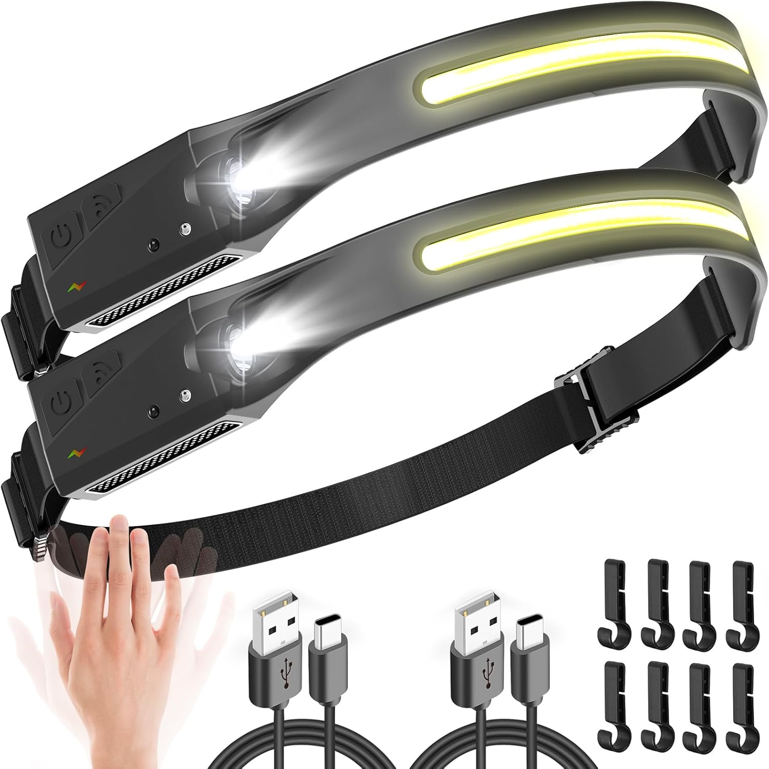 UNBON Stirnlampe LED wiederaufladbar, LED-Stirnlampe wiederaufladbar, USB C, extrem hell mit 5 Lichtmodi, 230-Grad-Bewegungssensor, IPX4 wasserdicht, leichte Stirnlampe für Wandern, Joggen, Laufen, Angeln
