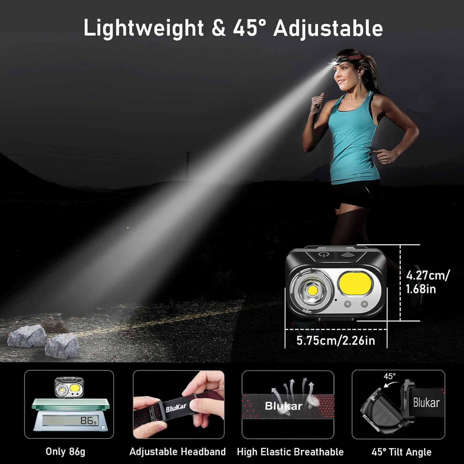 Blukar LED-Stirnlampe, wiederaufladbar, superhell, 2000 l, Stirnlampe | Stufenlos dimmbar, 5 Normalmodi & 5 Sensormodi & Rotlicht, leichtgewichtig wasserdichte Mini-Stirnleuchte für Camp, Angeln – Bild 8