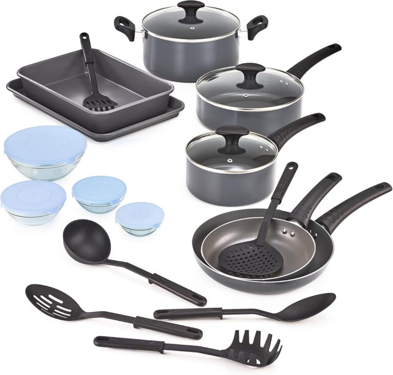 bella Antihaft-Kochgeschirr-Set mit Glasdeckel – Backzubehör, Töpfe und Pfannen, Aufbewahrungsschüsseln und Utensilien aus Aluminium, für alle Herdarten geeignet, 21-teilig, Schwarz