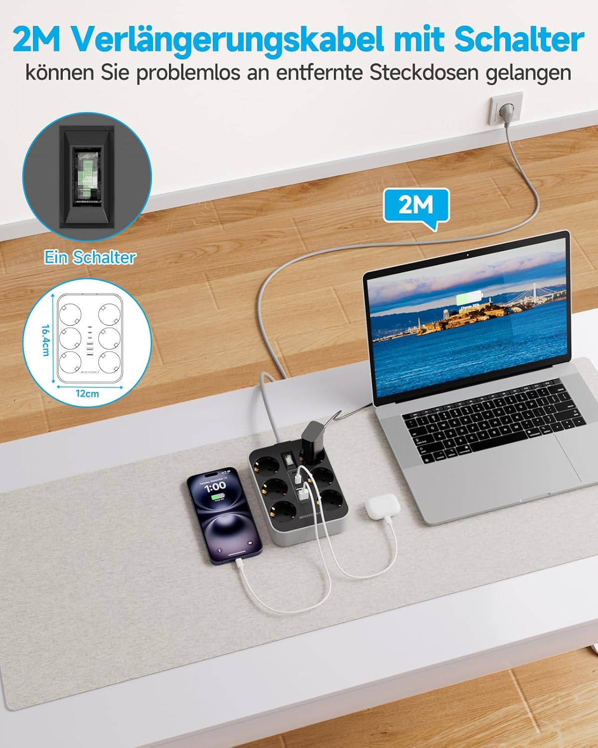 6-fach Steckdosenleiste mit USB (3 USB-A 3 USB-C) Mehrfachsteckdose Wandmontage, Steckdose mit Schalter und 2m Verlängerungskabel, Überspannungsschutzsteckdose, Schwarz – Bild 5