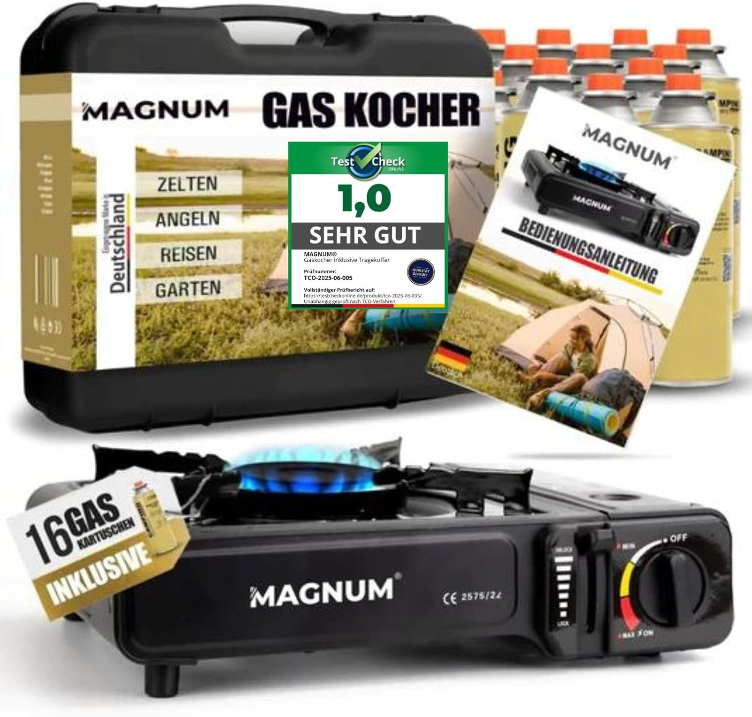 MAGNUM® Gaskocher (inkl. 16x Gaskartuschen) Campingkocher (Piezo-Zündung) | Camping-Gaskocher, 2,1 kW, 16 x Gaskartuschen, Piezo-Zündung, 155 g/h Gasverbrauch, Notfallausrüstung