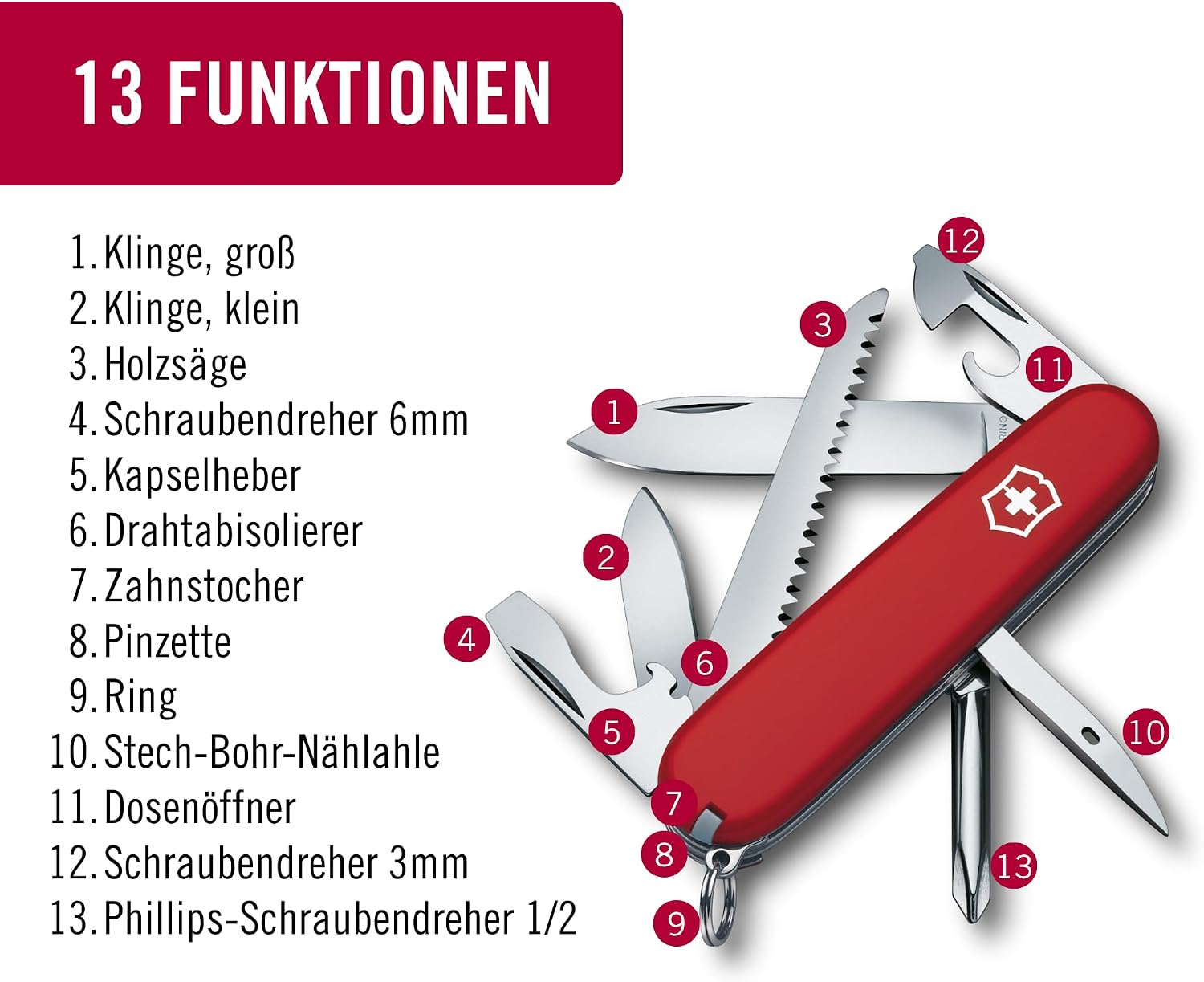 Victorinox Hiker Taschenmesser 13 Funktionen Holzsäge Kreuzschlitzschraubendreher Zahnstocher Rot, rot | Outdoor-Multitool-Holzsäge zum Wandern und Camping – Bild 4