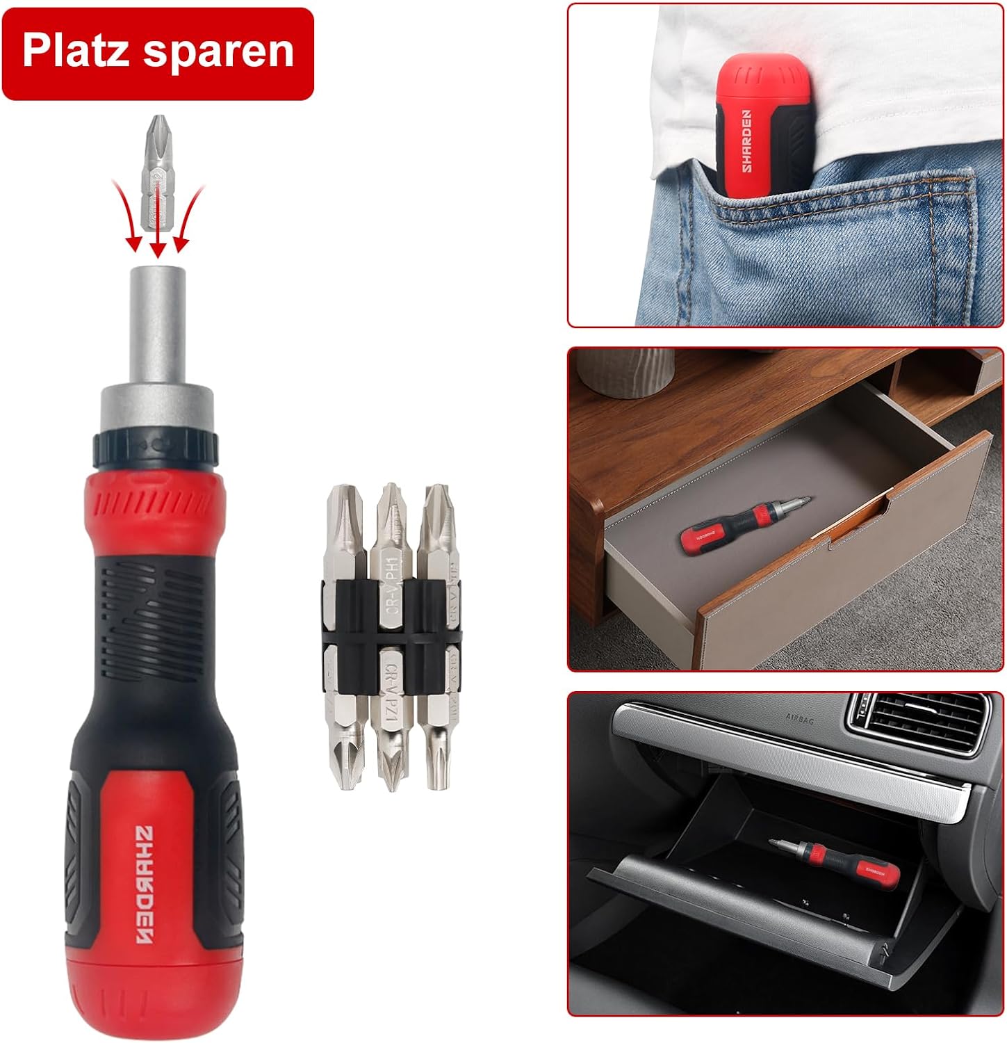 SHARDEN Ratschenschraubendreher 13-in-1 Ratschenschraubendreher Multibit-Schraubendreher Multitool All-in-One mit Torx-, Schlitz-, Kreuzschlitz-, Sechskant-, Pozidriv- und 1/4-Mutternschlüssel – Bild 5