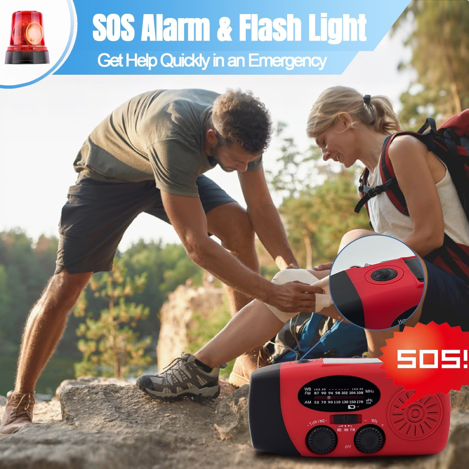 2000 mAh Notfall-Solar-Handkurbelradio, tragbares 3-Wege-Wetterradio AM/FM/NOAA mit USB-Ladegerät, Telefonladegerät, SOS-Alarm und LED-Taschenlampe für Camping, Wandern (rot) | Tragbares Radio mit wiederaufladbarem Akku, Handy-Ladegerät, SOS-Alarm, Taschenlampe für Camping, Überlebensnotfälle – Bild 7