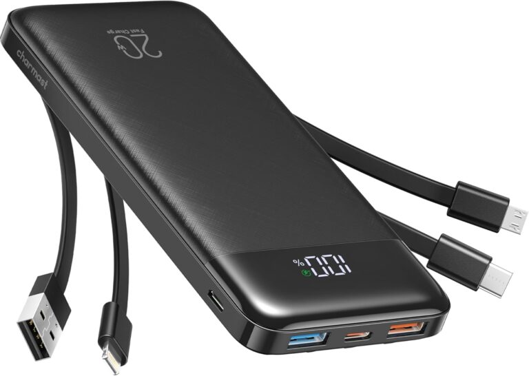 Charmast Power Bank, 22,5 W Powerbank 20000 mAh mit 4 Kabeln und LED-Anzeige, USB C PD3.0 QC4.0 Externe Handy-Akkus mit 6 Ausgängen, kompatibel mit iPhone 17, 16, 15, 14, 13, 12 Pro Max Plus, Samsung S24 Tablet