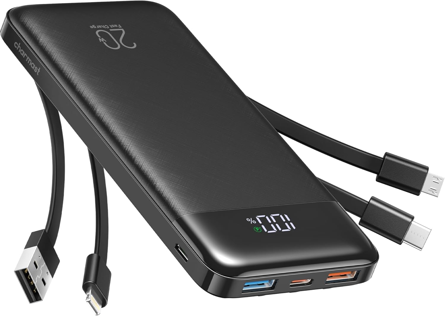 Charmast Power Bank, 22,5 W Powerbank 20000 mAh mit 4 Kabeln und LED-Anzeige, USB C PD3.0 QC4.0 Externe Handy-Akkus mit 6 Ausgängen, kompatibel mit iPhone 17, 16, 15, 14, 13, 12 Pro Max Plus, Samsung S24 Tablet