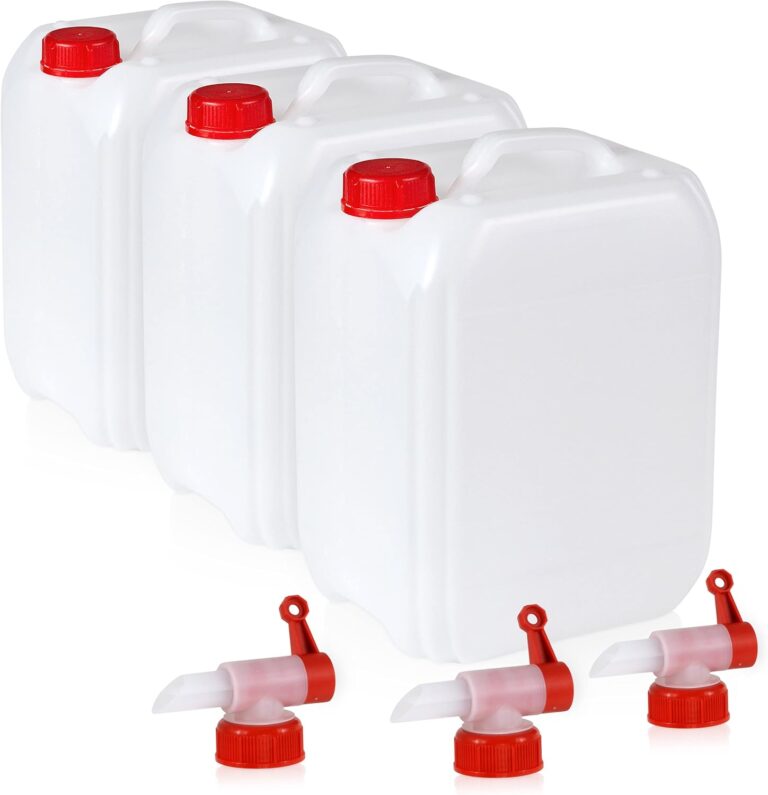 Höfer Chemie 3 x 10 L Wasserkanister-Set, weiß, ideales Campingzubehör für Flüssigkeiten, mit Ablasshahn und Schraubverschluss