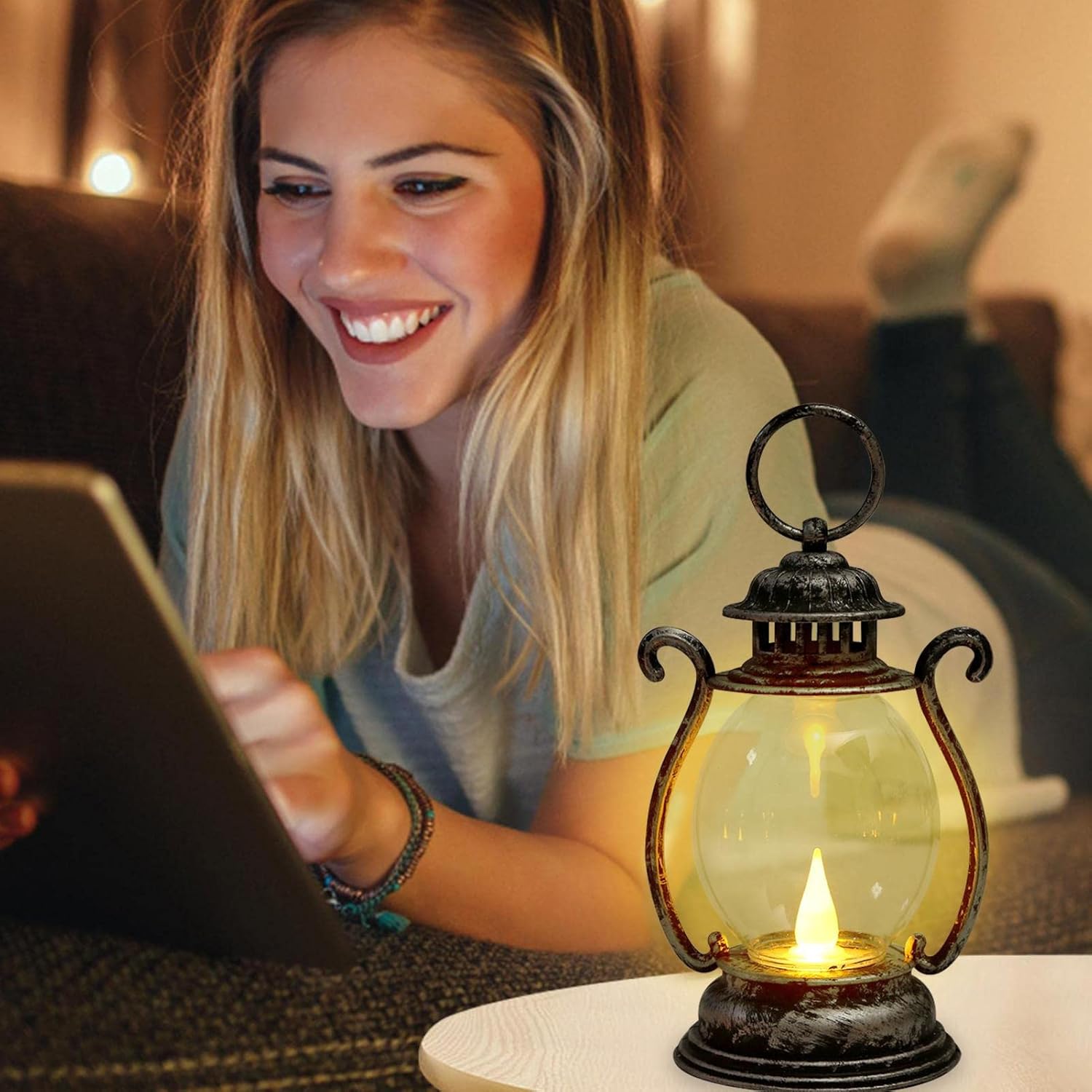 Vintage Laterne LED - Dekorative Mini Laterne Batteriebetrieben, Kleine Tragbare Hängende Öllampe | Retro Seillampe Garten, Schlafzimmer, Wohnzimmer, Esstisch, PA – Bild 5