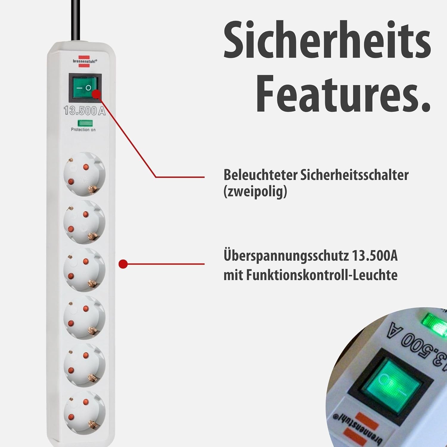 Brennenstuhl Eco-Line 6-fach Steckdosenleiste mit Überspannungsschutz (Steckdosenleiste mit erhöhtem Berührungsschutz, Ein-/Ausschalter und 1,5 m Kabel), PC-Grau – Bild 3