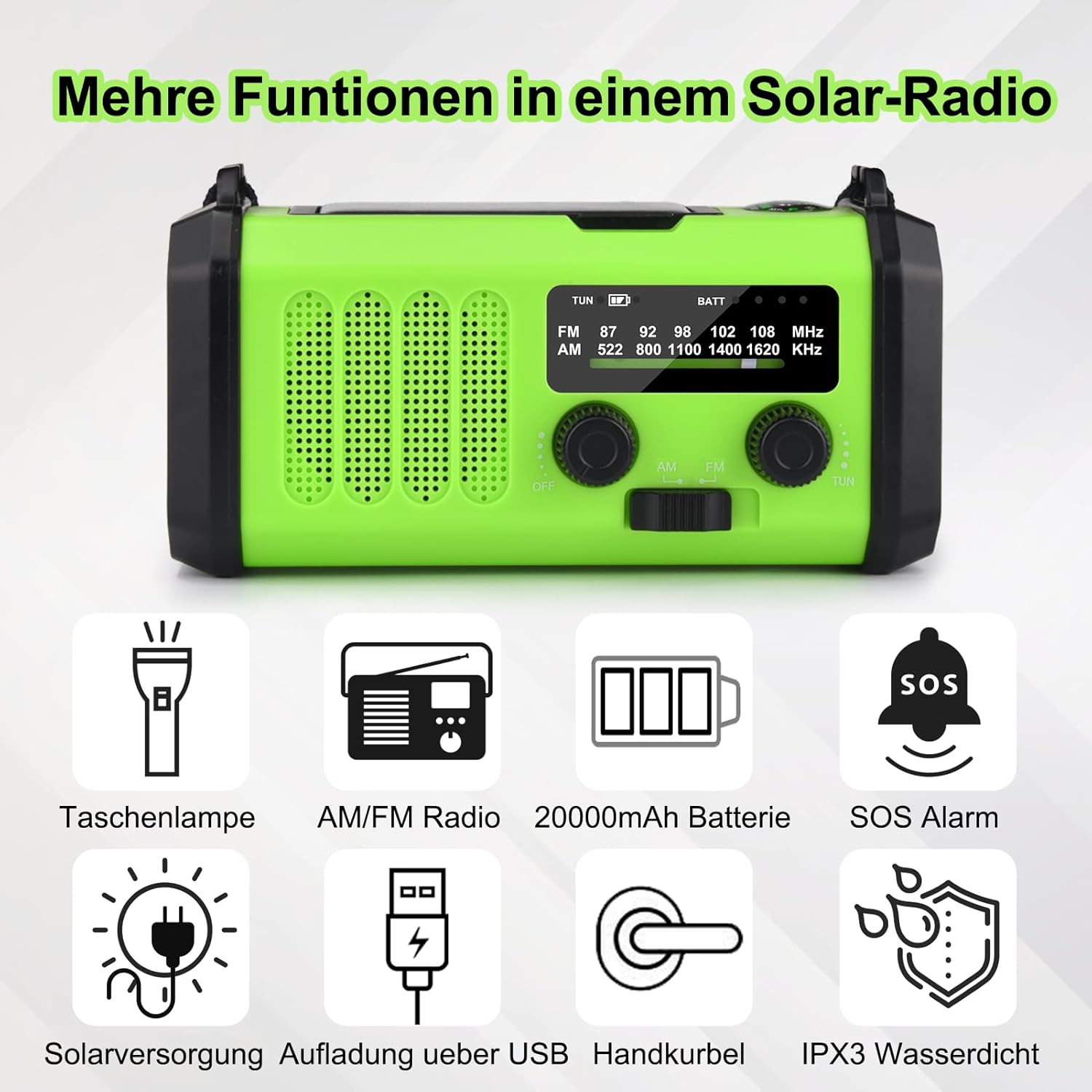 Solarradio, tragbares Kurbelradio, AM/FM-Notfallradio mit 10000/20000 mAh wiederaufladbarer Powerbank, 3 Modi LED-Taschenlampe, SOS-Alarm, USB-C-Handy-Aufladung für Camping im Freien (grün, 20000 mAh) – Bild 7