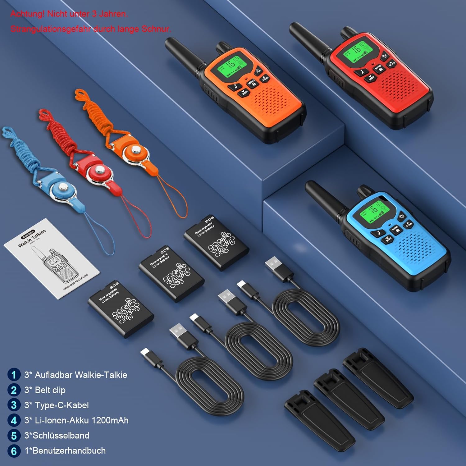 Walkie Talkie 3er-Set Kinder wiederaufladbar, Rabigala-Radios mit 5 km großer Reichweite für Erwachsene, Li-Ionen-Akku, VOX-Freisprecheinrichtung, Taschenlampe LED, LCD – Bild 7