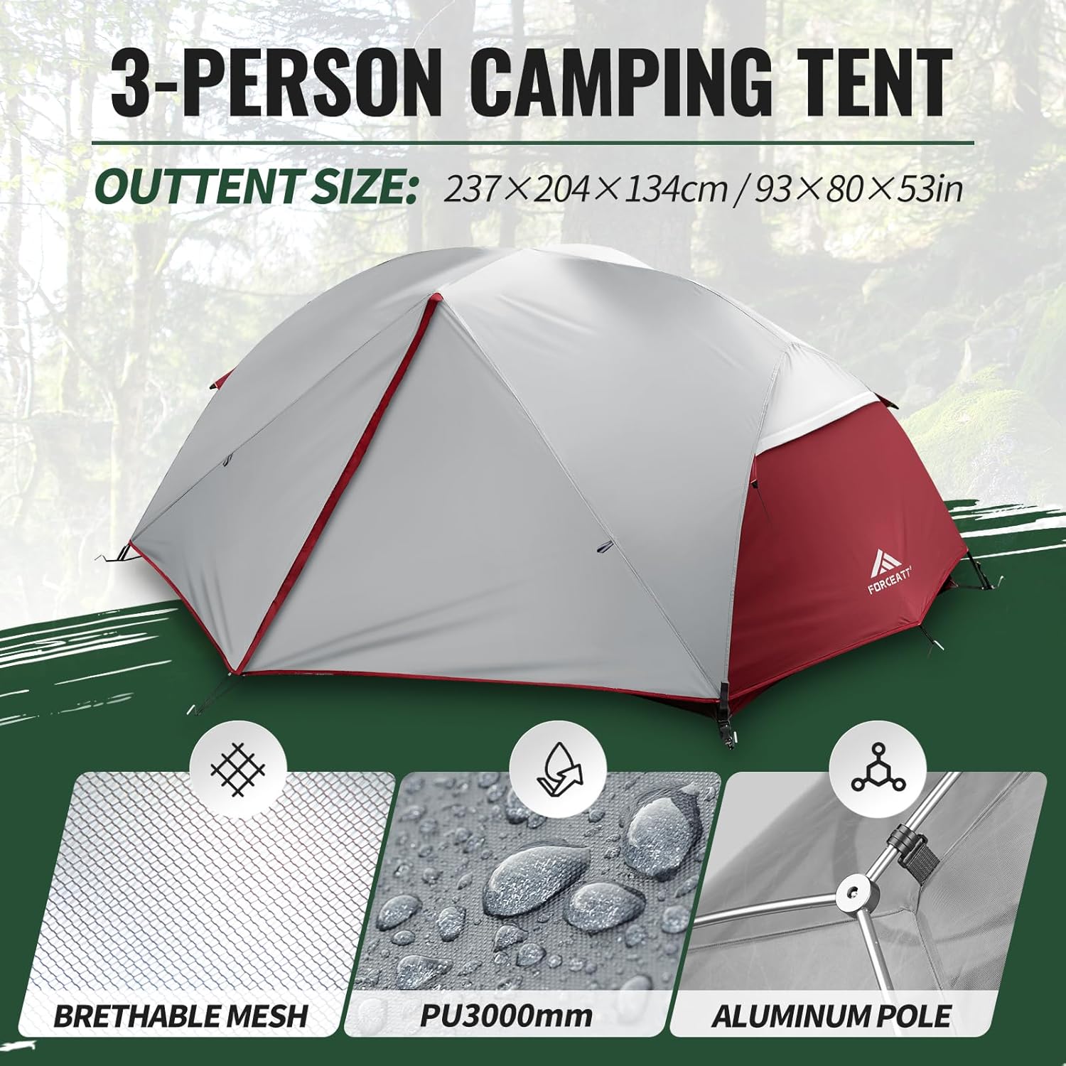 Forceatt Zelt 2–3 Personen Campingzelt, 2 Türen wasserdicht und winddicht, 3–4 Jahreszeiten, ultraleichtes Rucksackzelt für Trekking, Camping, Outdoor. – Bild 2