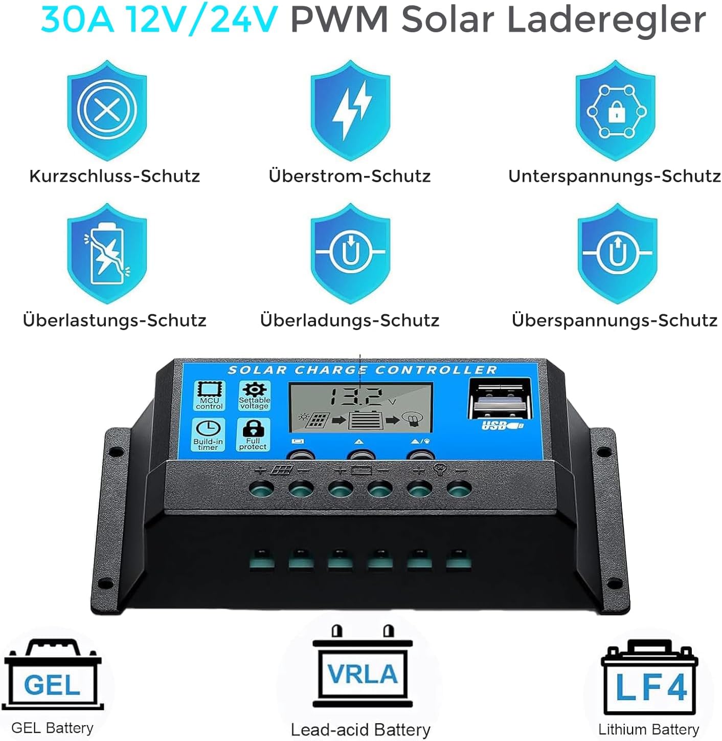 300W Solarpanel Bausatz Set 12V Monokristallin 2 x 150 Watt Solarmodul + 30A 12V/24V Solarladeregler + Solarkabel Solaranlage Wohnmobil Komplettset 12V für Batterien Häuser Balkon Wohnwagen Dach – Bild 7