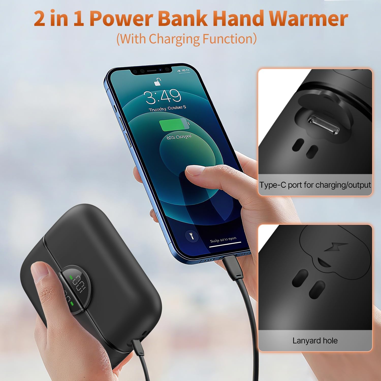 yAyusi Wiederaufladbarer Handwärmer, 2 Stück, 9000 mAh tragbarer Handwärmer, Powerbank, LED-Anzeige, 5 Gänge für schnelles Aufheizen, Geschenk für Golf, Jagd und Camping – Bild 3